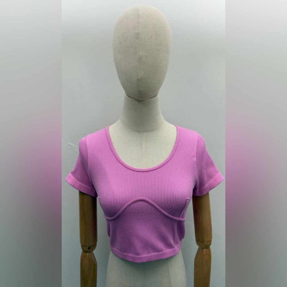 Pink Ribbed Crop Top Short Sleeve Curved Seam Stretchy Y2K Size S
